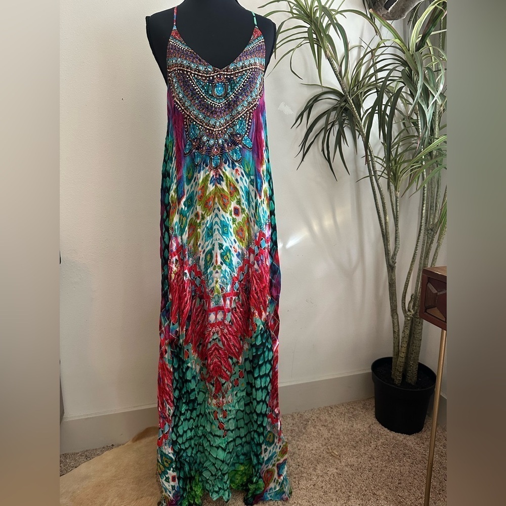 Silk printed tback maxi dress Multicolor embellished beaded neckline vneck